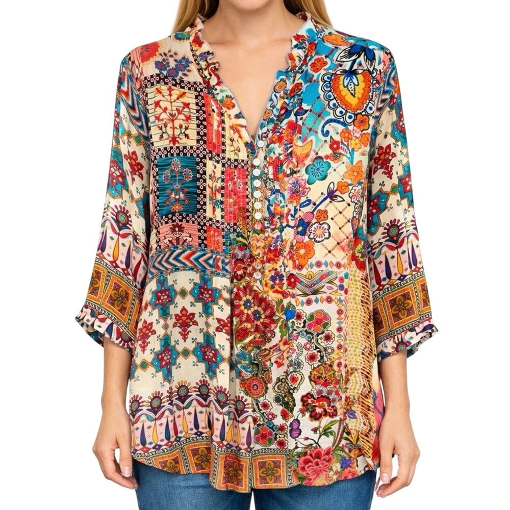 Shana Sz XL SILK Wearable Art to Wear Artsy Colorful Blouse Shirt Top Floral